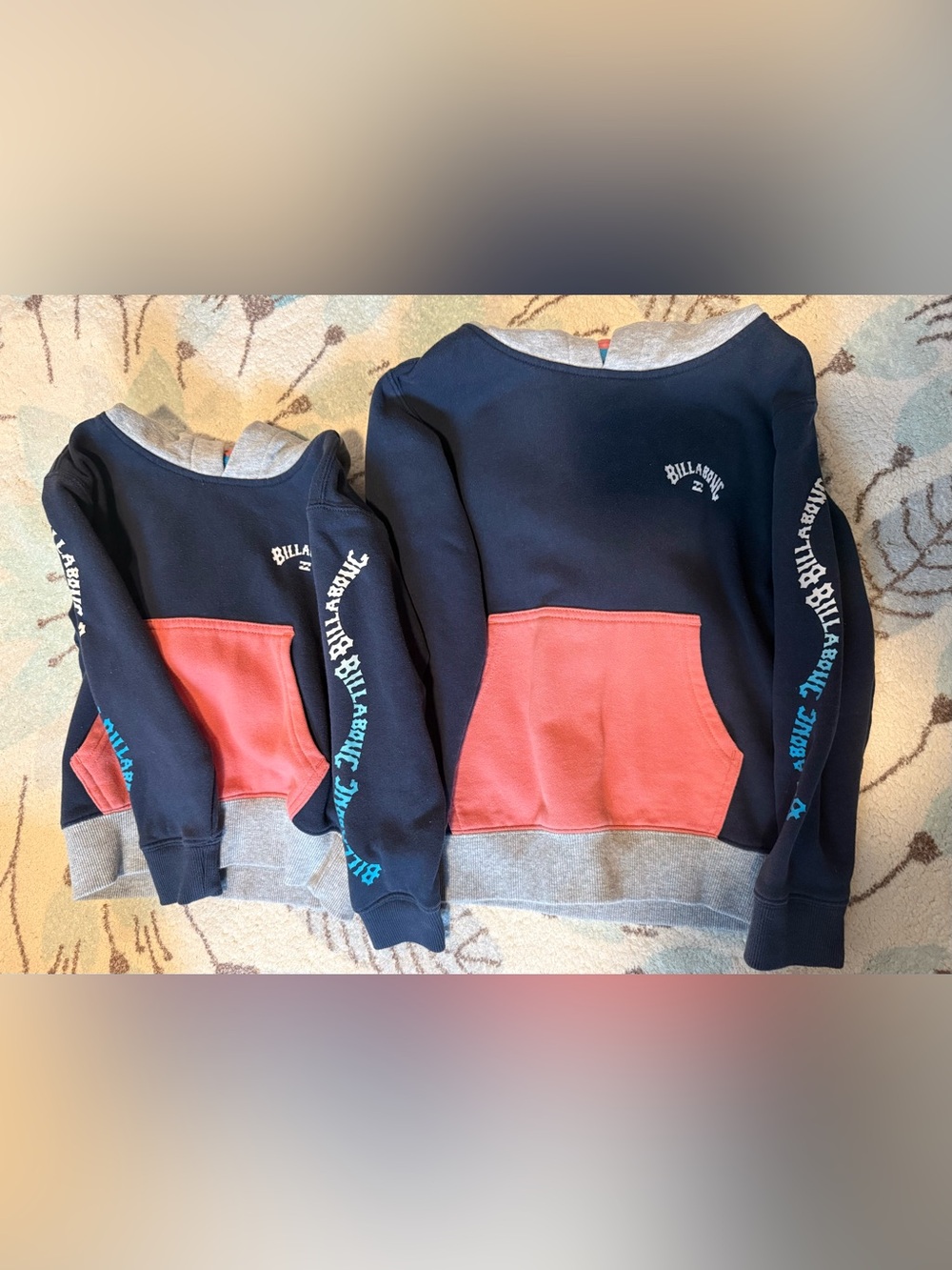 Two Matching Sibling Billabong Kids Navy & Coral Pullover Hoodies 3T & 7T